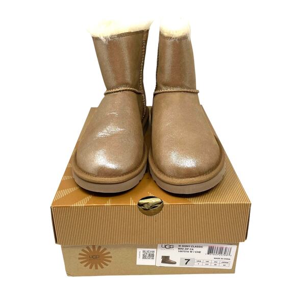 UGG Size 7 Shiny Classic Mini Zip Cancer Awareness Chestnut Boots NEW IN BOX - Picture 1 of 16